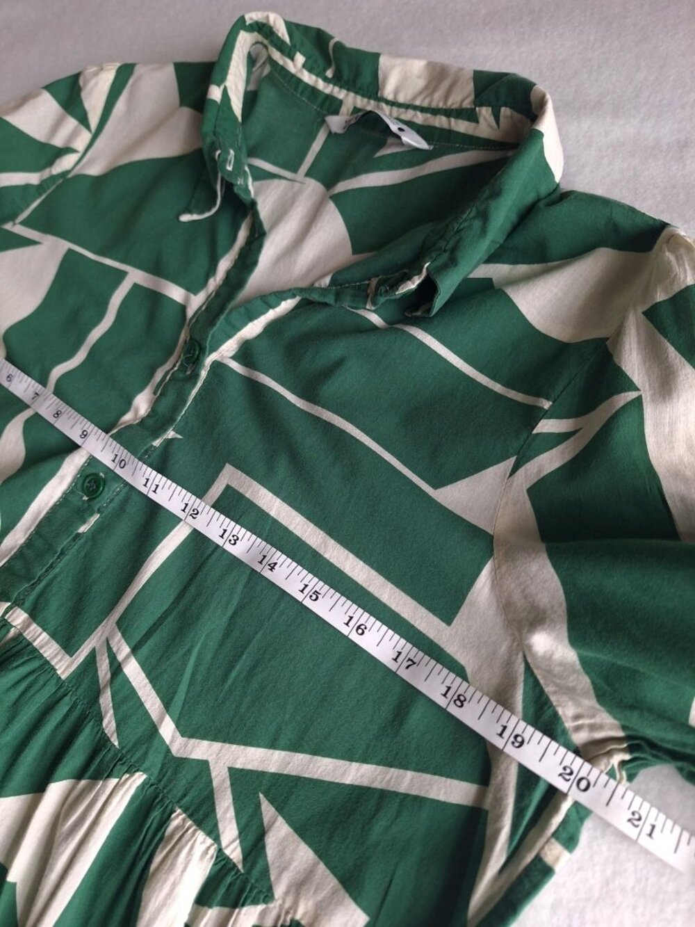 💙 Zara Green Geometric Tiered Midi Shirt Dress Size XL Cotton Button Front Over - Picture 4 of 8